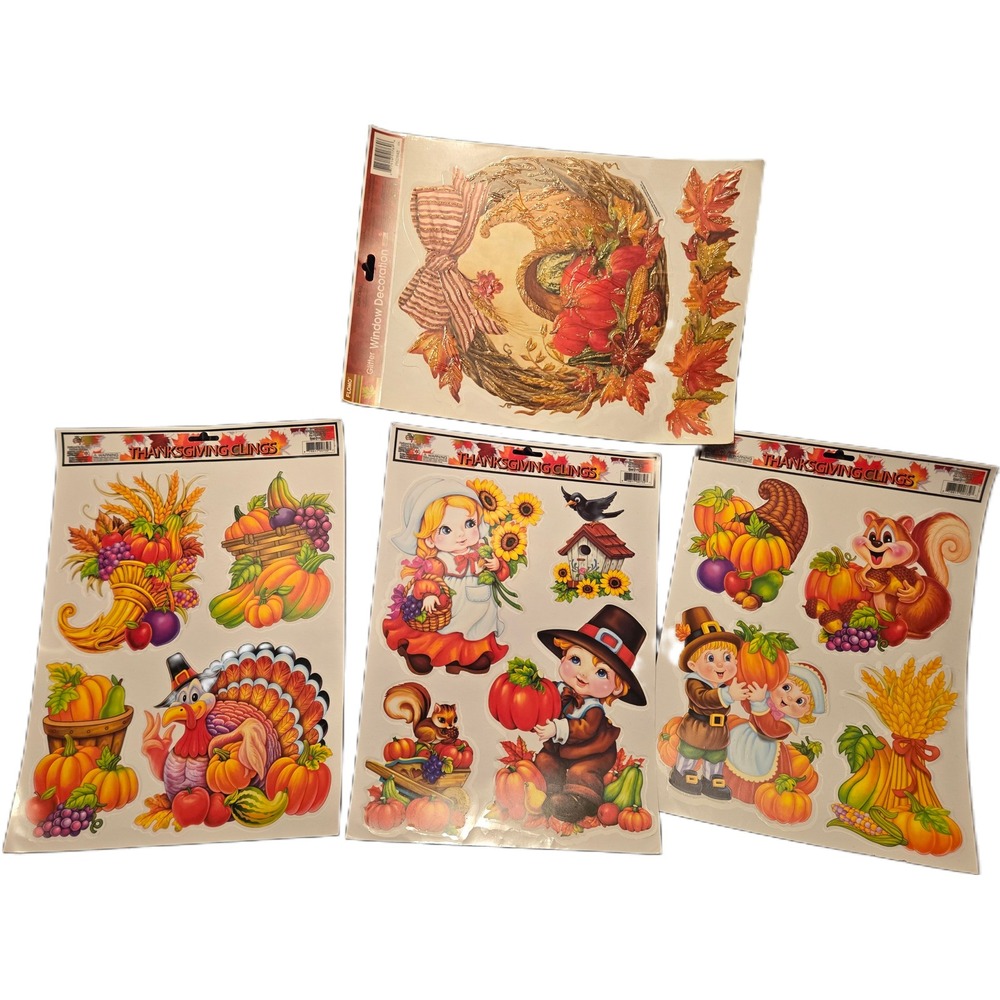 Vintage Thanksgiving Window Clings 4 Sheets Glitter Harvest Decor Cornucopia